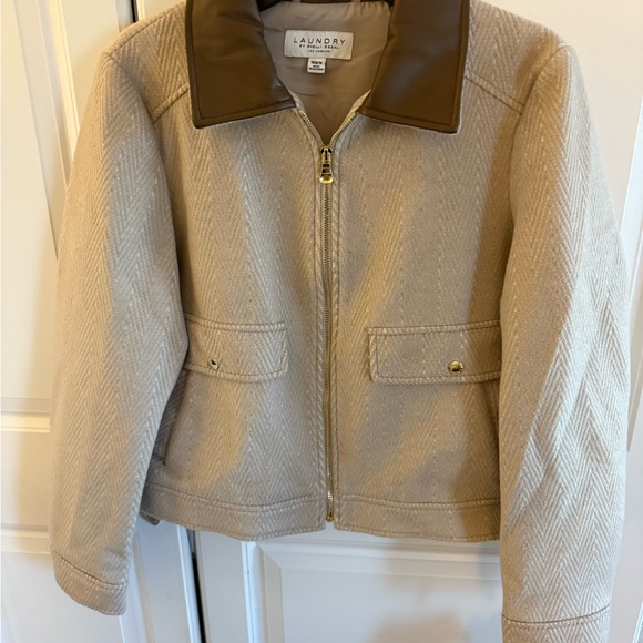 Tan and brown vintage jacket with faux leather collar zipper jacket size medium - Picture 2 of 8